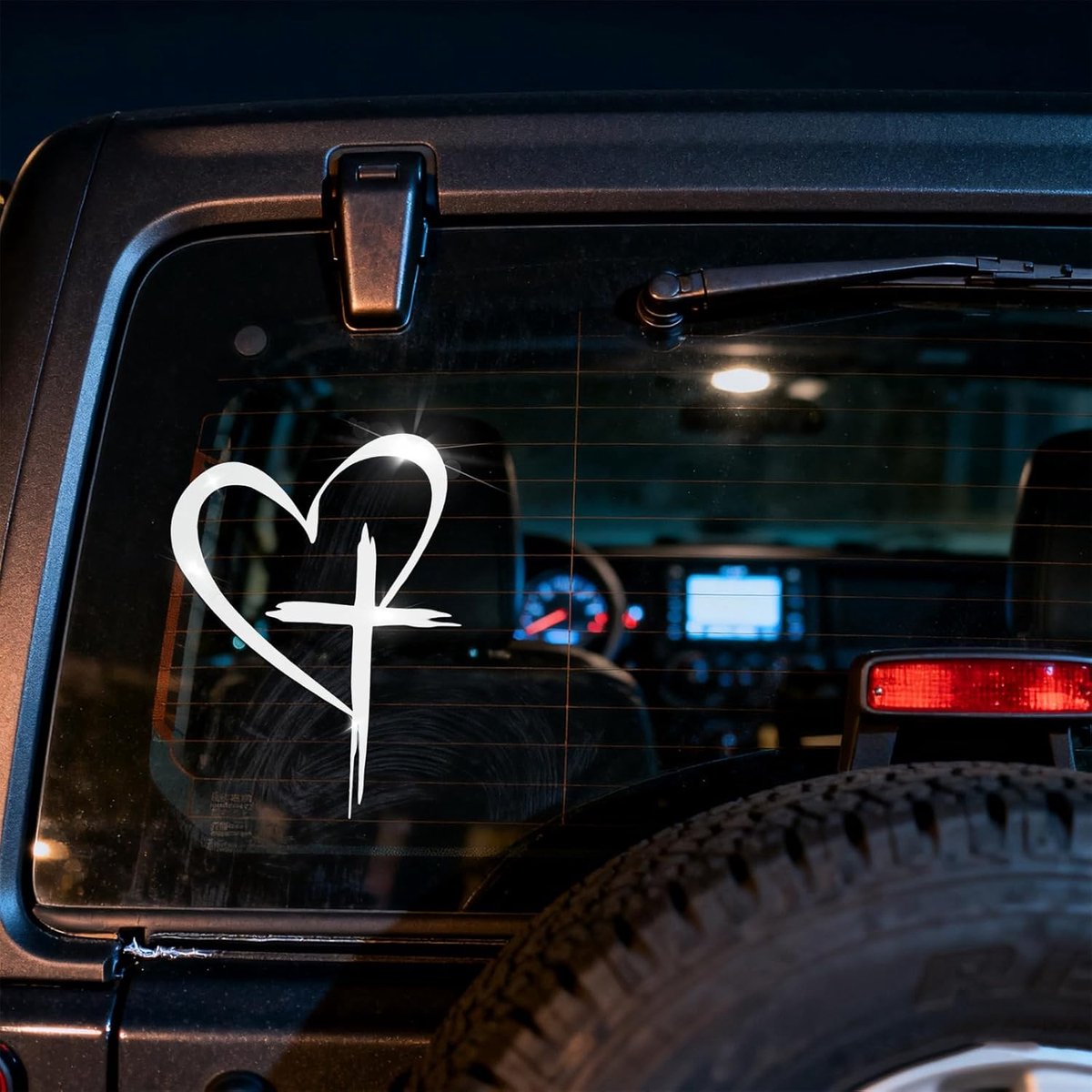 Autosticker met kruis en hartpatroon, 15 x 22 cm, hart- en kruissticker, christelijk, sticker Cross & Heart voor carrosserie, kofferbak, achterruit (zilver)