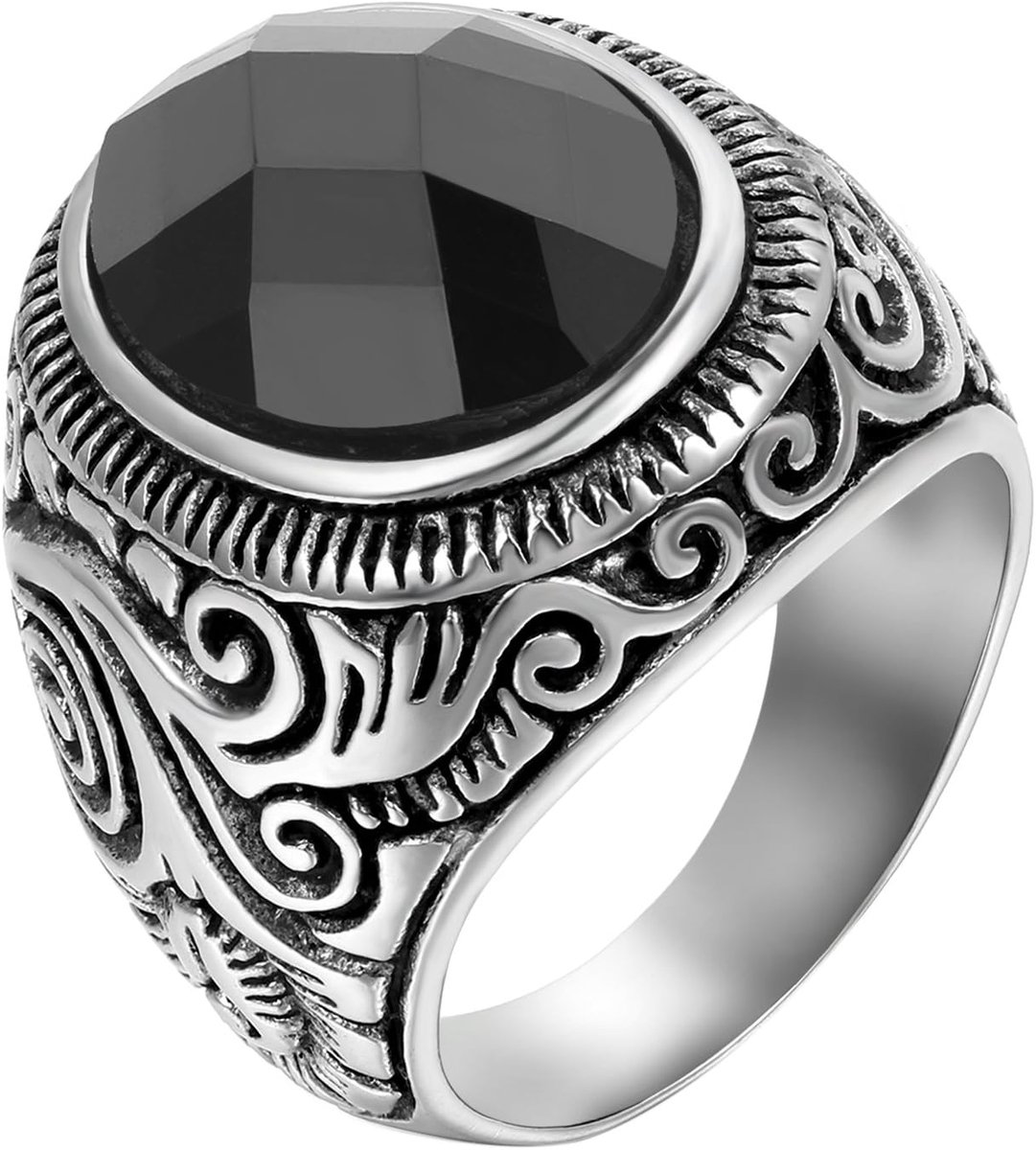 Vintage roestvrij stalen biker herenringen, gesneden trouwring, verlovingsring, zwart zilver voor mannen, ringmaten 54 (17,2) tot 76 (24,2)