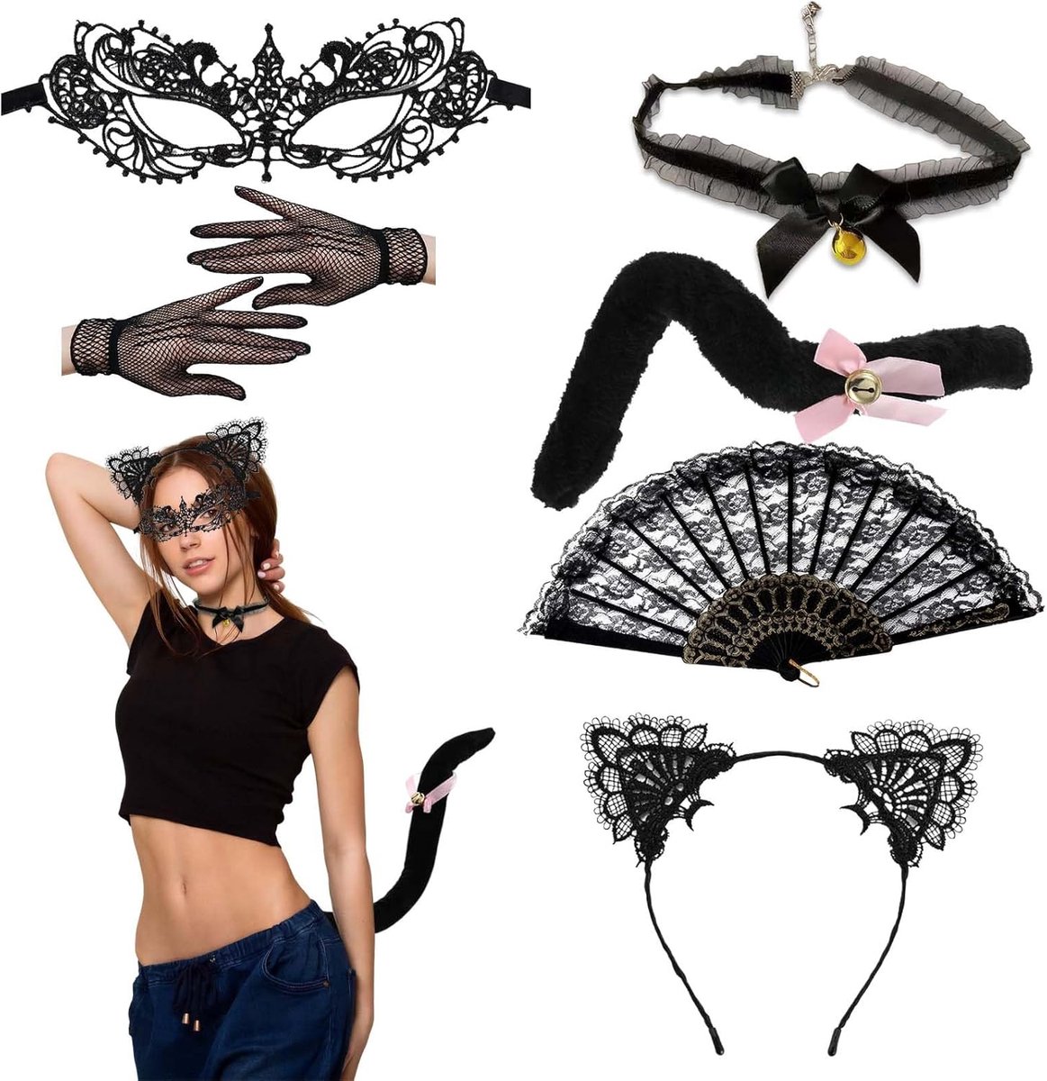 Kostuum dames Kant Catwoman Masker Zwarte Kat Kostuum Set voor Vrouwen - Kant Catwoman Masker, Kat Oren Hoofdband, Handschoenen, Choker Ketting - Ideale Halloween Cosplay Accessoire