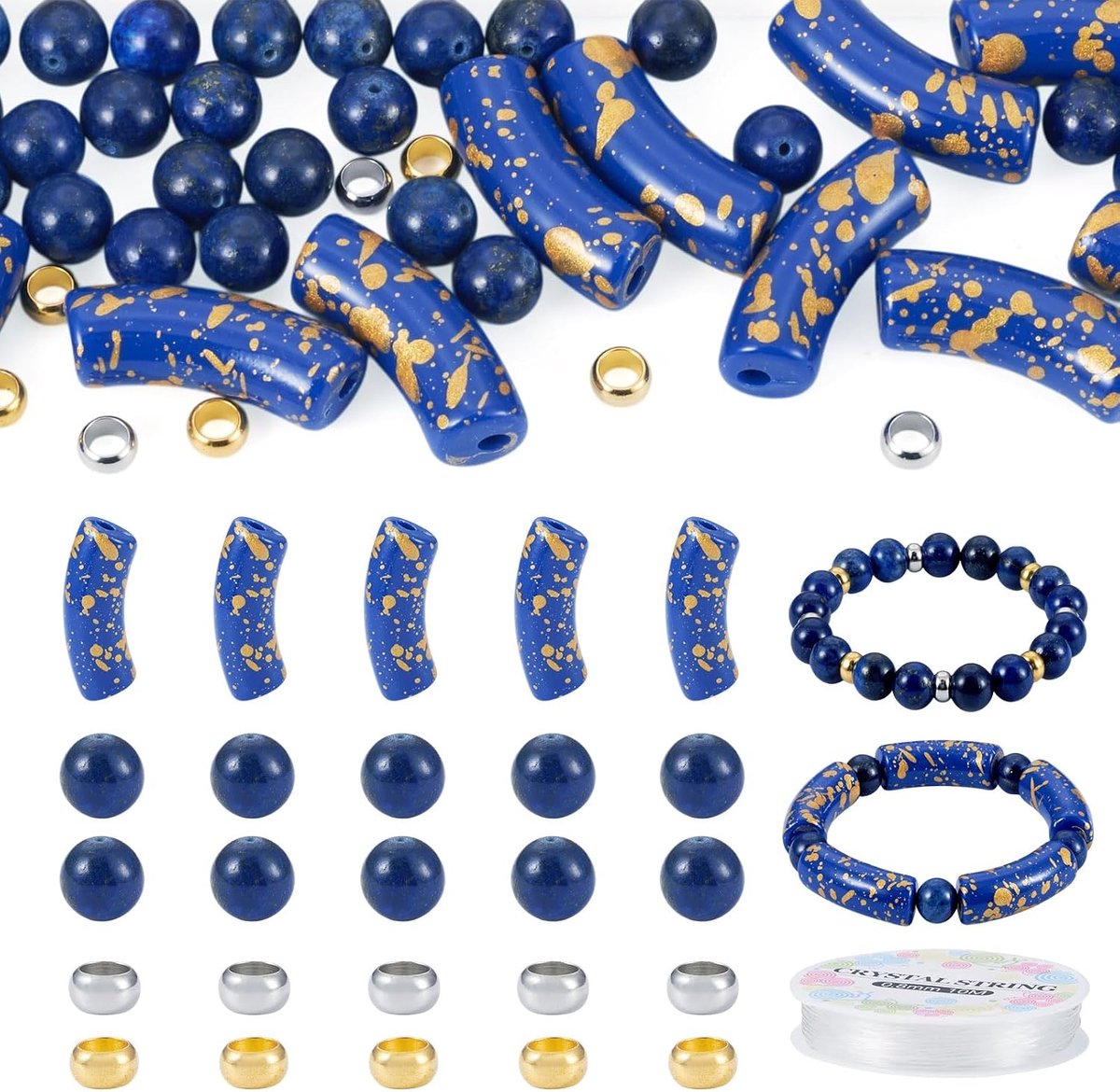 51 stuks blauwe gebogen acryl buiskralen, ronde lapis lazuli kralen, messing Europese spacer kraal met draad voor doe-het-zelf armband, sieraden maken, sleutelhangers