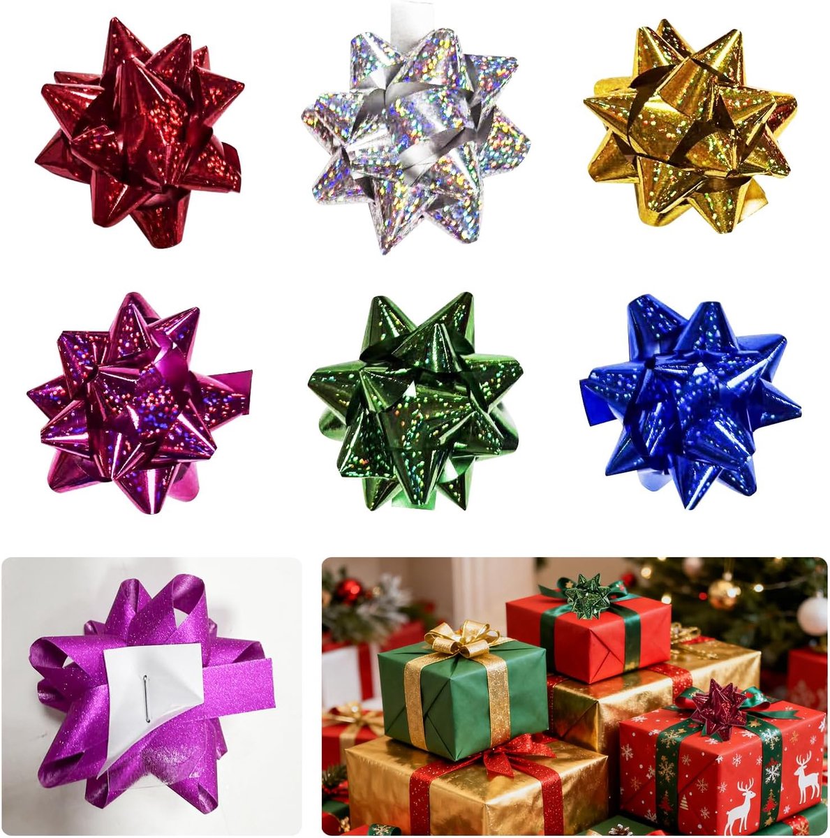 Strikken, zelfklevend, kleurrijk, kerststrikken, 30 stuks, 10 cm (inch) laserdesign in 6 (5 per kleur)