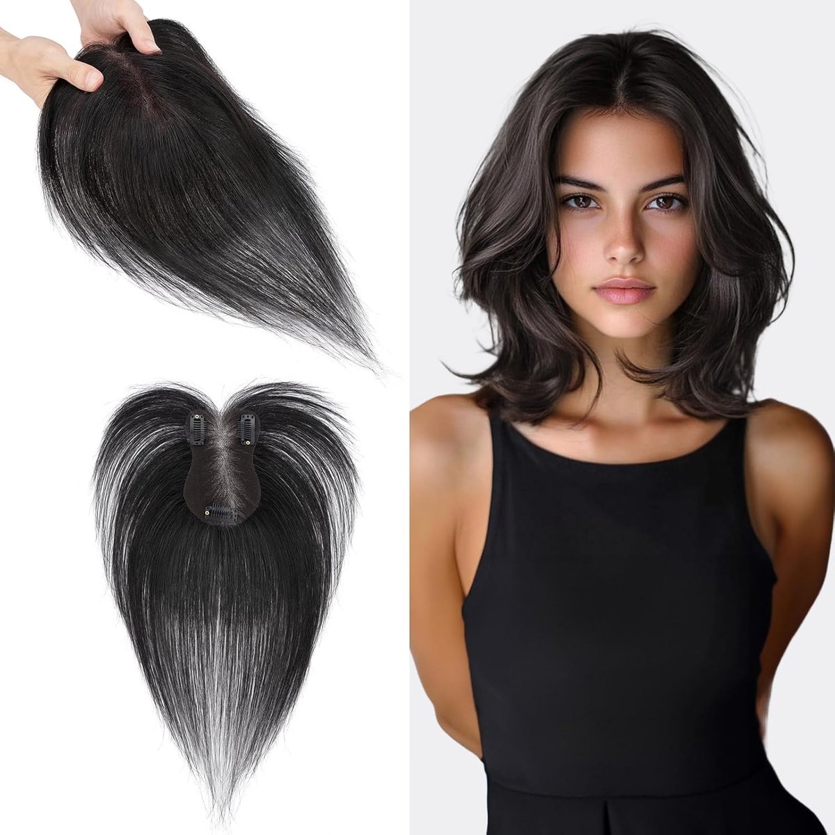 Echt Haar met Zijwaartse Pony, 14g Clip-in Remy Echt Haar Topper, Menselijk Haartje Topper voor Dames, 28CM Menselijk Haartje met 7x11CM Kant Basis, Natuurlijk Zwart #1B