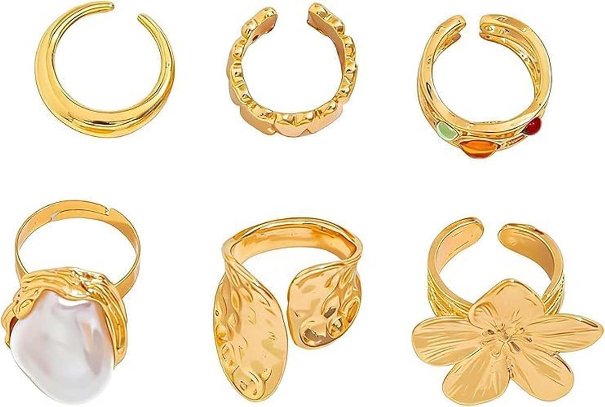 Ringen Set, waterafstotend, ideaal voor dames, met bloemen, parels en kristallen, Eenvoudige modieuze stapelbare vingerringen voor elke gelegenheid