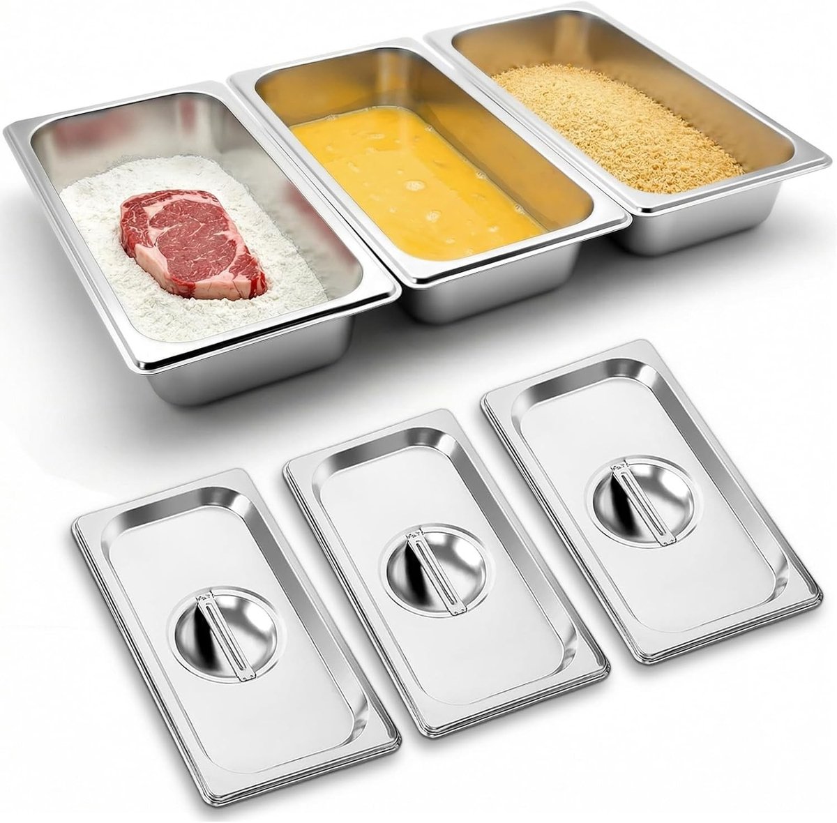 Set van 3 RVS Breadcrumbs Containers 32.5 x 17.5 x 6.5 cm, Stapelbaar en Makkelijk Schoon te Maken voor Vlees, Vis en Groenten