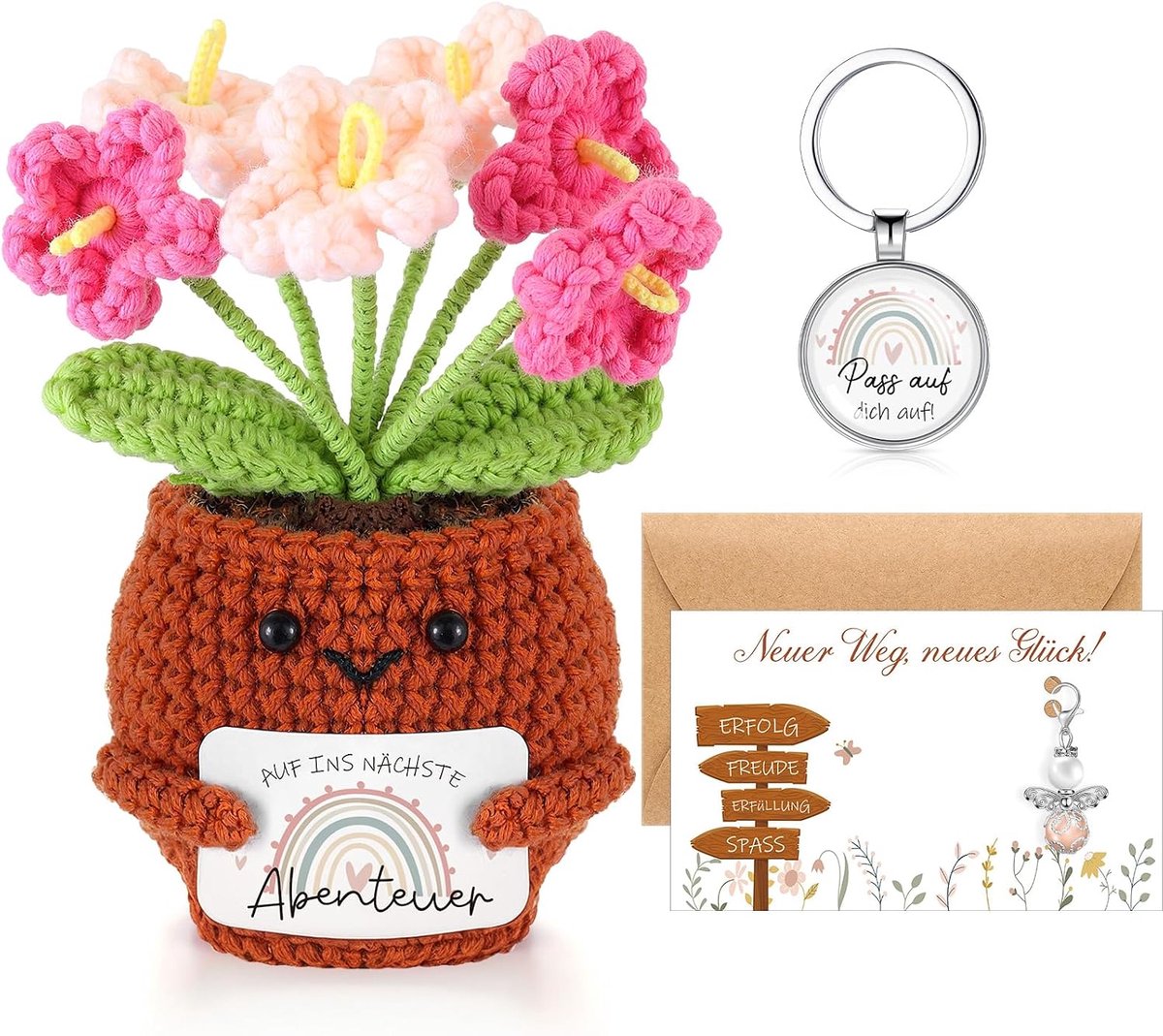 Gehaakte bloemen, cadeauset, gebreide bloemenpop, moedermaker, sleutelhanger, beschermengel, geluksbrenger met kaart, afscheidscadeau voor vriend, familie, collega, pensioen, nieuwe job examen