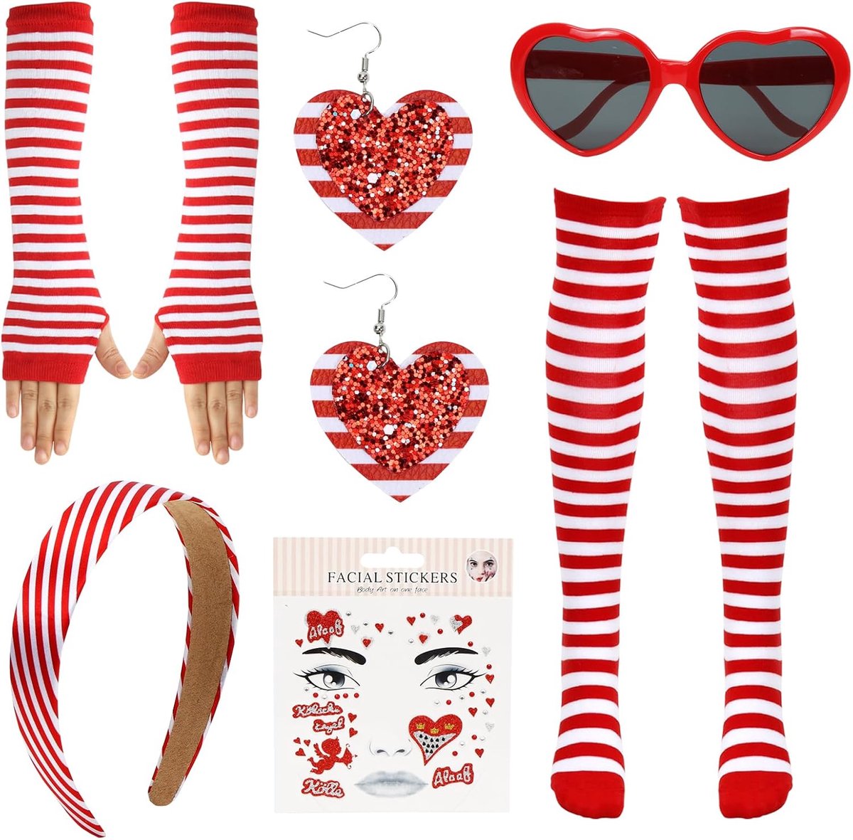 Carnavalskostuum Keulen, carnavalskostuum, accessoires voor dames, rood-witte kousen, haarband, kniekousen, handschoenen, kousen, hartbril, oorbellen, gezichtstattoos, voor carnaval en