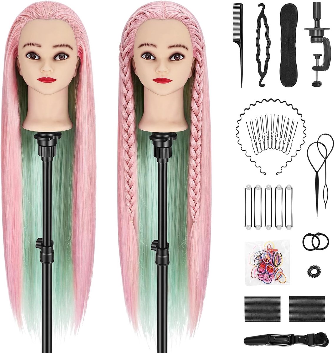 Mannequin, haarstyling met standaard + doe-het-zelf haaraccessoires, styling (rozegroen)
