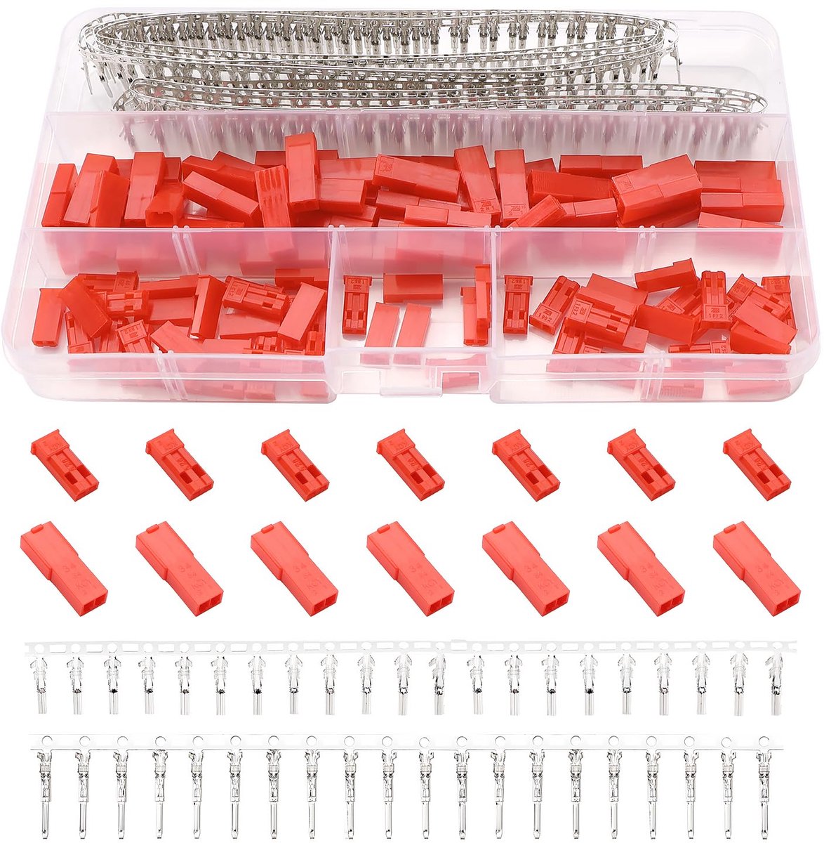 50 Sets 300 Stuks 2.5mm JST-SYP 2-Pins Connectorset, JST SYP Vrouwelijke en Mannelijke Rode Stekkerbehuizing Krimpconnectorset