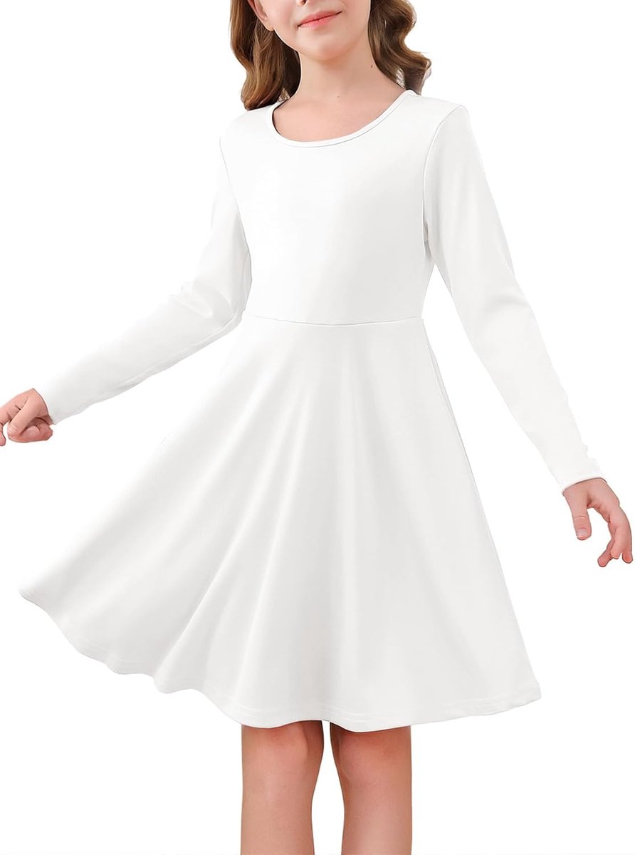 Meisjesjurk met lange mouwen, ronde hals, vrijetijdsjurk, A-lijn, elegante partyjurk, effen, casual, midi-jurk, feestelijke bruiloft, kinderjurk, 5-14 jaar, wit, 11-12 Jaar