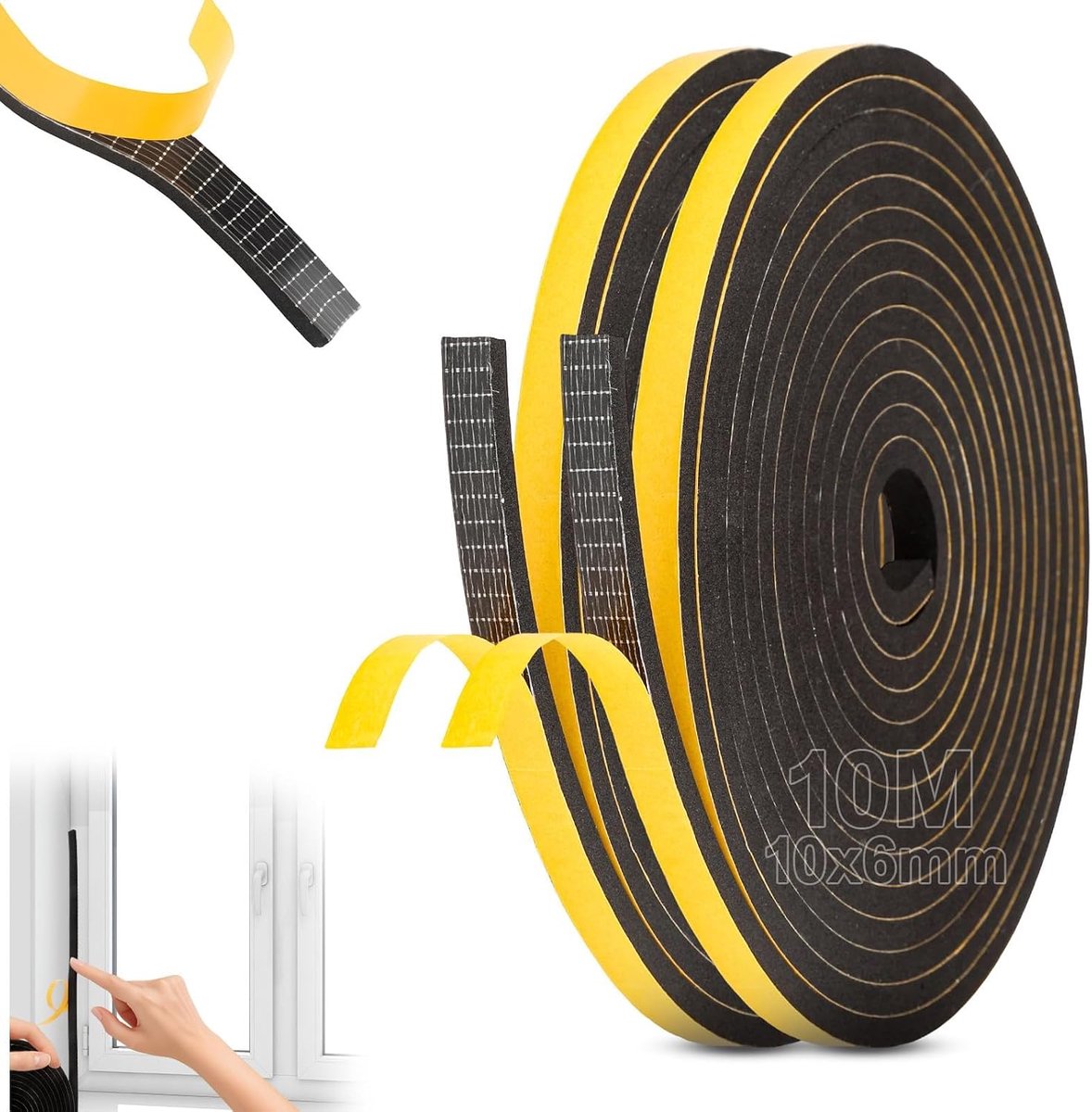 10 m schuimtape, zelfklevend, 2 stuks schuimrubber, afdichting, 10 x 6 mm, schuimtape, zwart, afdichtingstape, zelfklevend, voor deuren, huishoudelijke apparaten, ventilatiesleuven (5 m