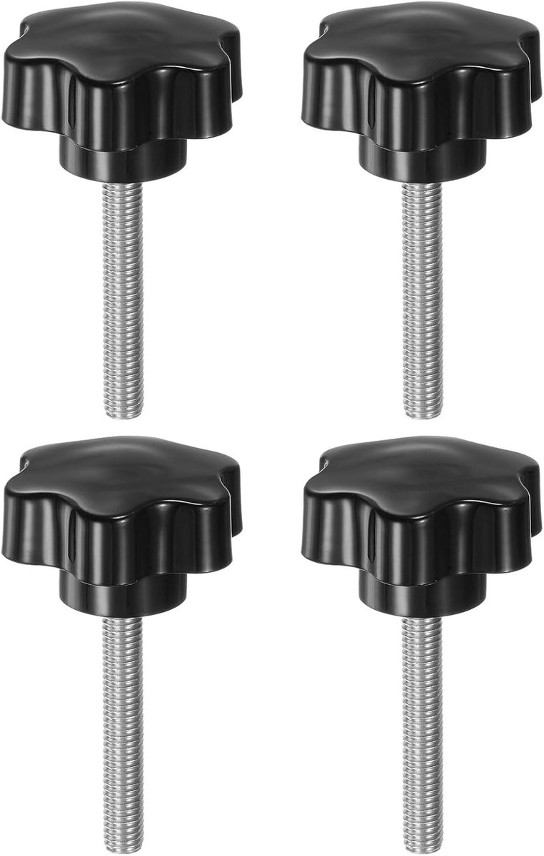 4 stuks sterknoppen M8 x 52 mm schroefdraad schroef roestvrij staal 304 46 mm kunststof draaiknop spanknop gekartelde kopschroef handmatige 6-sterren schroef handvat, zwart