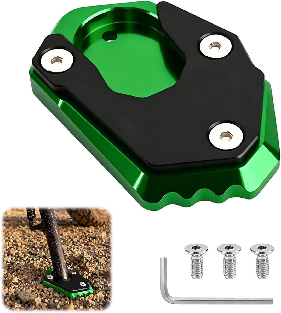 zijstandaard plaat & standaard onderlegger - CNC aluminium verbreding voor Kawasaki Z900, Z650, Z1000SX, Ninja - groen, antislip, geanodiseerd