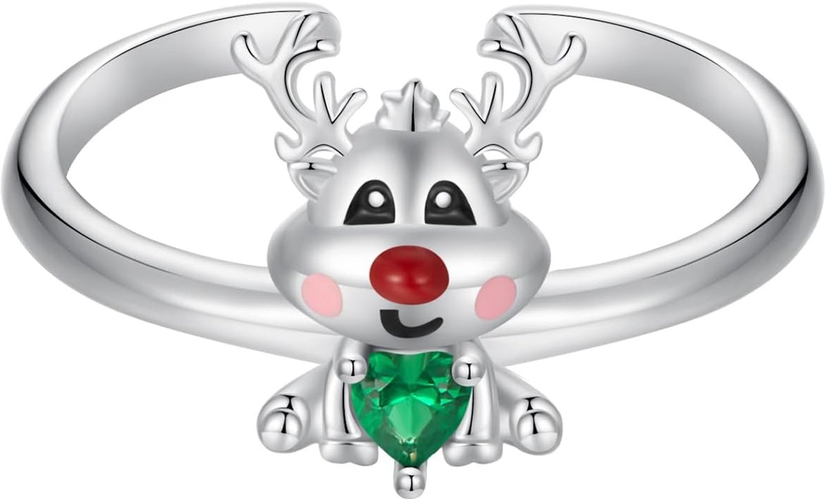 Kerstring met hertenrendier, 925 sterling zilver, verstelbaar, open, elandring met groene zirkonia, kerstcadeaus voor vrouwen, meisjes, dochter