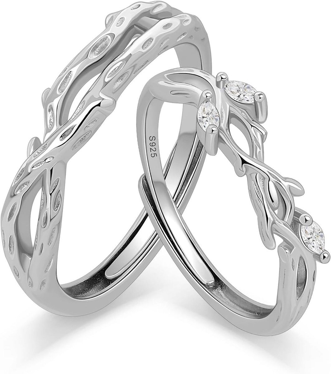 Ringen Set van 925 Sterling Zilver Verstelbare Trouwringen Partnerringen voor Hem en Haar 4,2 mm met Zirkonia & Herenring 7 mm Setprijs Cadeau voor Valentijnsdag Set van Twee Ringen