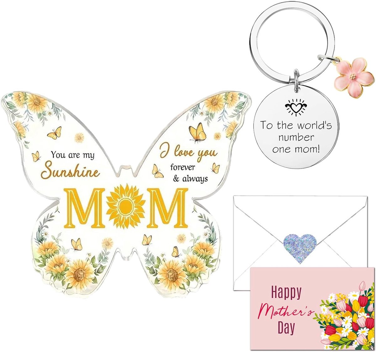 3 stuks cadeaus voor mama, vlindervormige acryldecoraties, acryl plaquette mama geschenken van dochter zoon, mama verjaardagscadeaus, beste mama sleutelhanger sleutelhanger, voor verjaardag
