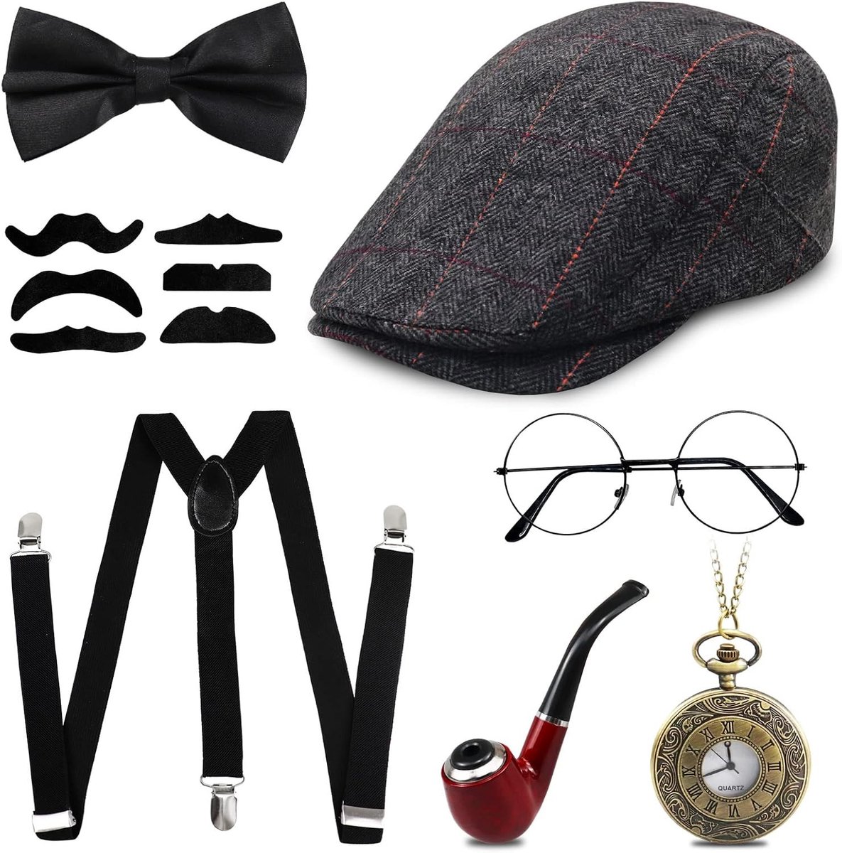 Stijlvol 1920s Gangster Kostuum met Panama Hoed, Elastische Steunen, Snor en Zakhorloge, Perfect voor Gatsby Feesten en Thema Avonden