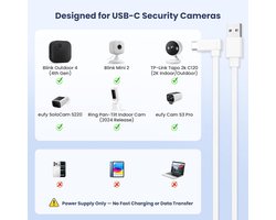 Platte USB C Kabel 9M 2Pack,L-Vormige Extra Lange Voedingskabel | Continue Stroomvoorziening,Lange Vervangende Verlengkabel voor Beveiligingscamera Blink Outdoor 4/Mini 2 2K+,Ring,Xiaomi,Wit
