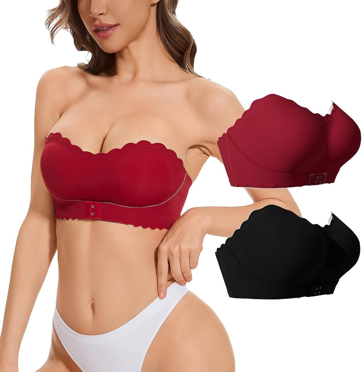 2-delige strapless beha, push-up zonder beugel, bandeau-top voor dames, bralette, ongevoerd met transparante bandjes, een paar plakbeha, strapless beha, hoge ondersteuning, ademend, voor avondjurken,