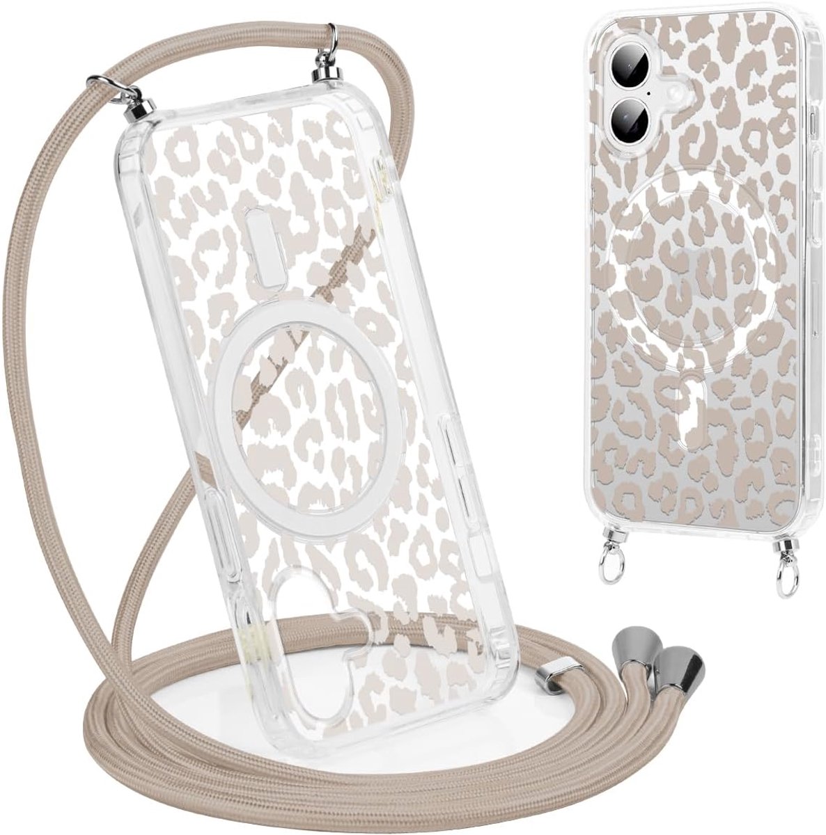 Magnetische hoes voor iPhone 16 6,1 inch met omhangkoord, compatibel met MagSafe, transparant esthetisch patroon, luipaardpatroon, beschermhoes met telefoonketting, ronde hals, vrouwelijk
