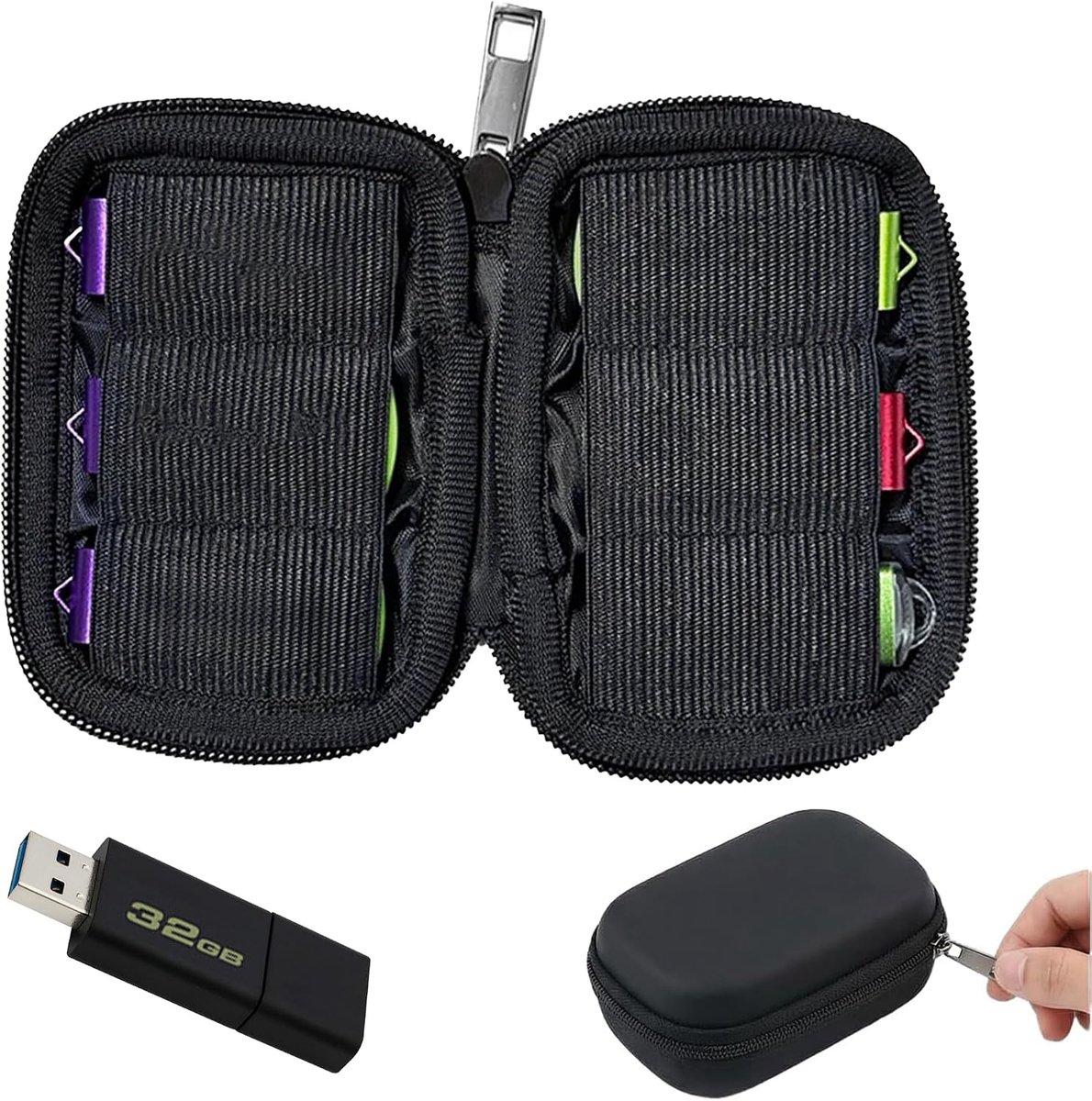1 x opbergtas voor USB-stick, schokabsorberende stofdichte hoes en geheugenstick-organizer met 6 sleuven voor flashdrives en elektronische accessoires (zwart)