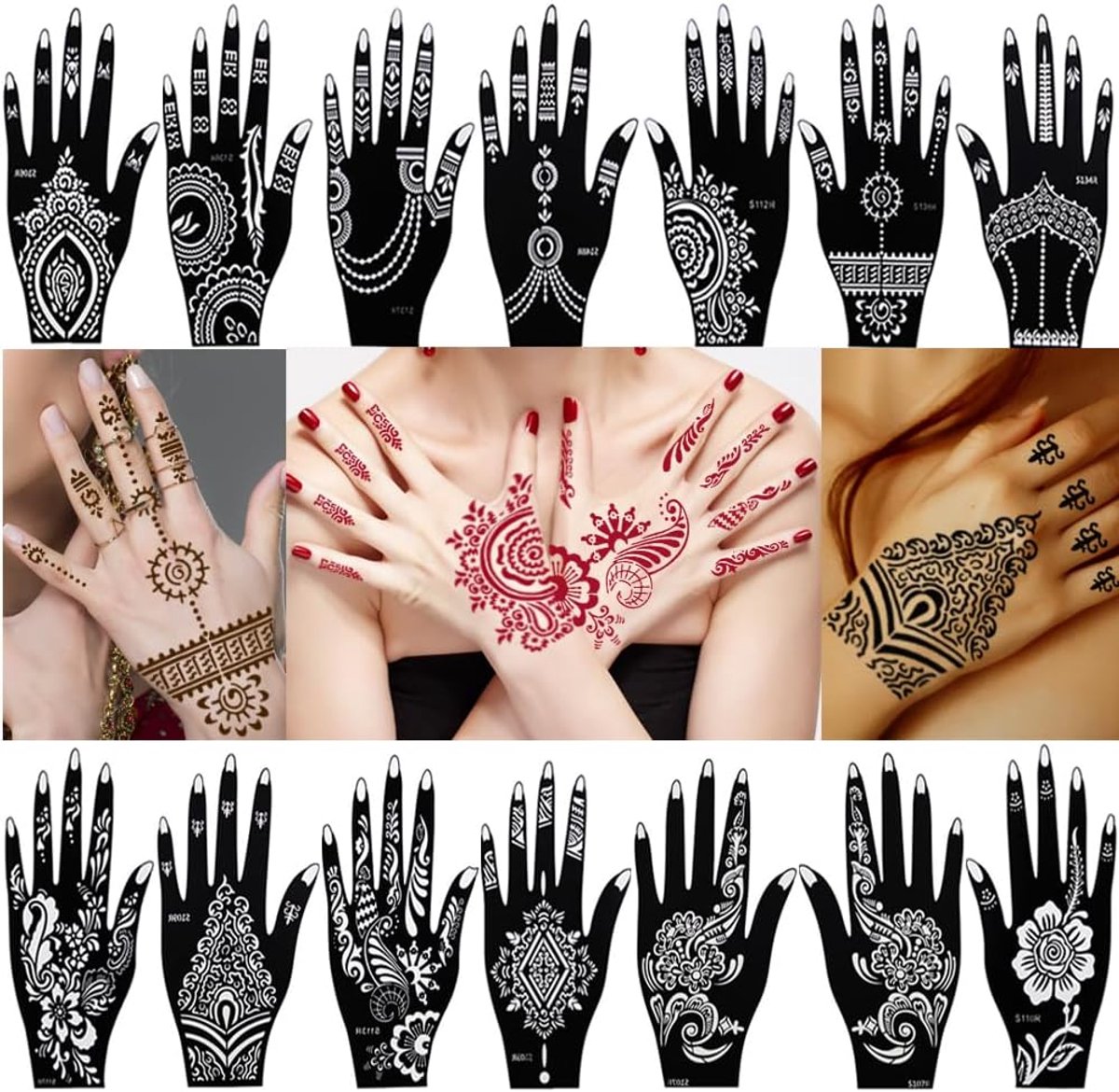 14 vellen henna sjablonen voor tatoeages op handen, Indiase Arabische tijdelijke tatoesjabloon Mehndi tatoesjablonen voor vrouwen en meisjes (19,8 x 10,7 cm)