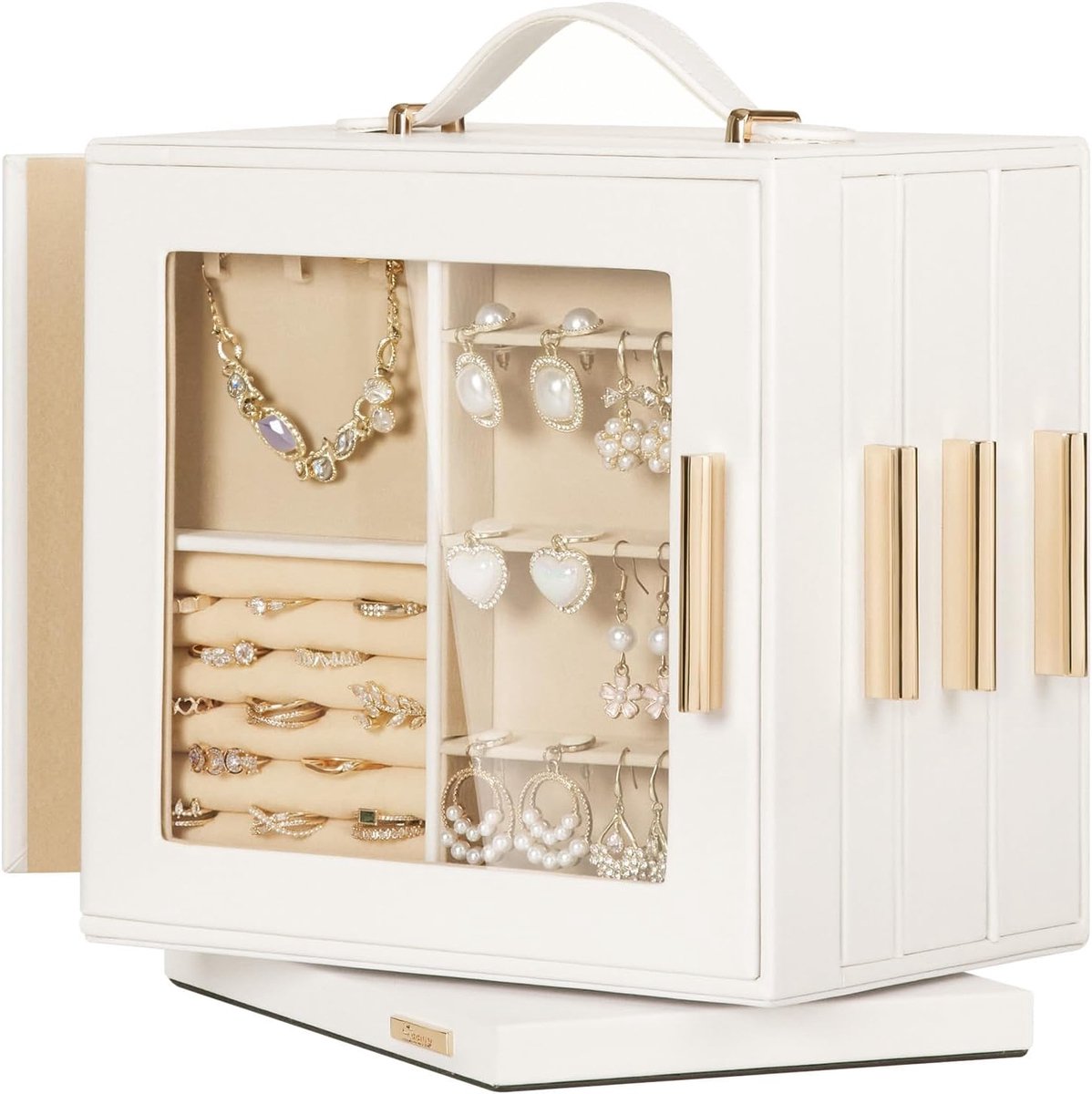 360° draaibaar, sieradenorganizer met transparant venster, spiegel, 8 laden, grote displayopbergdoos voor meisjes en vrouwen (wit)