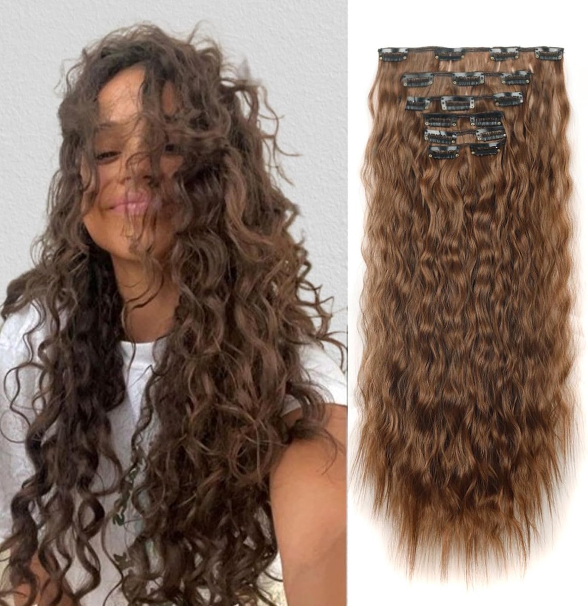 Clip in Extensions Haarstukje Golvend Haar Extensies Zoals Echt Haar Hair Extensions Clip in 6 PCS 50cm Lang Krullend Golvend Synthetisch Haar voor Vrouwen, Donkerbruin & donker roodbruin