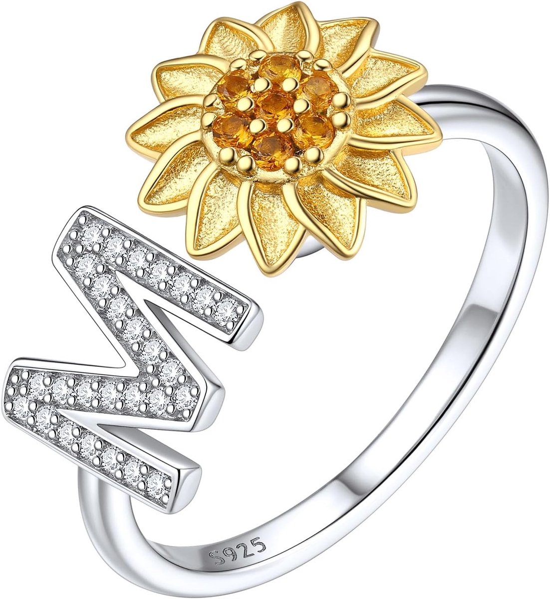 Damesring met letterinitiaal, 925 sterling zilver, zonnebloem, glanzend, zirkonia, opening verstelbaar van 52 tot 62 mm