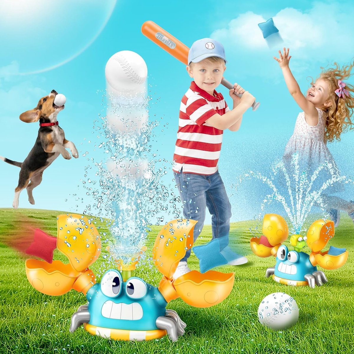 3 in 1 speelgoed voor kinderen: spinkrab, zandzakken gooien, honkbalspel, buitenspeelgoed met watersproeier en draaibare sproeikoppen voor buiten in de tuin, voor jongens en meisjes van 3-12 jaar