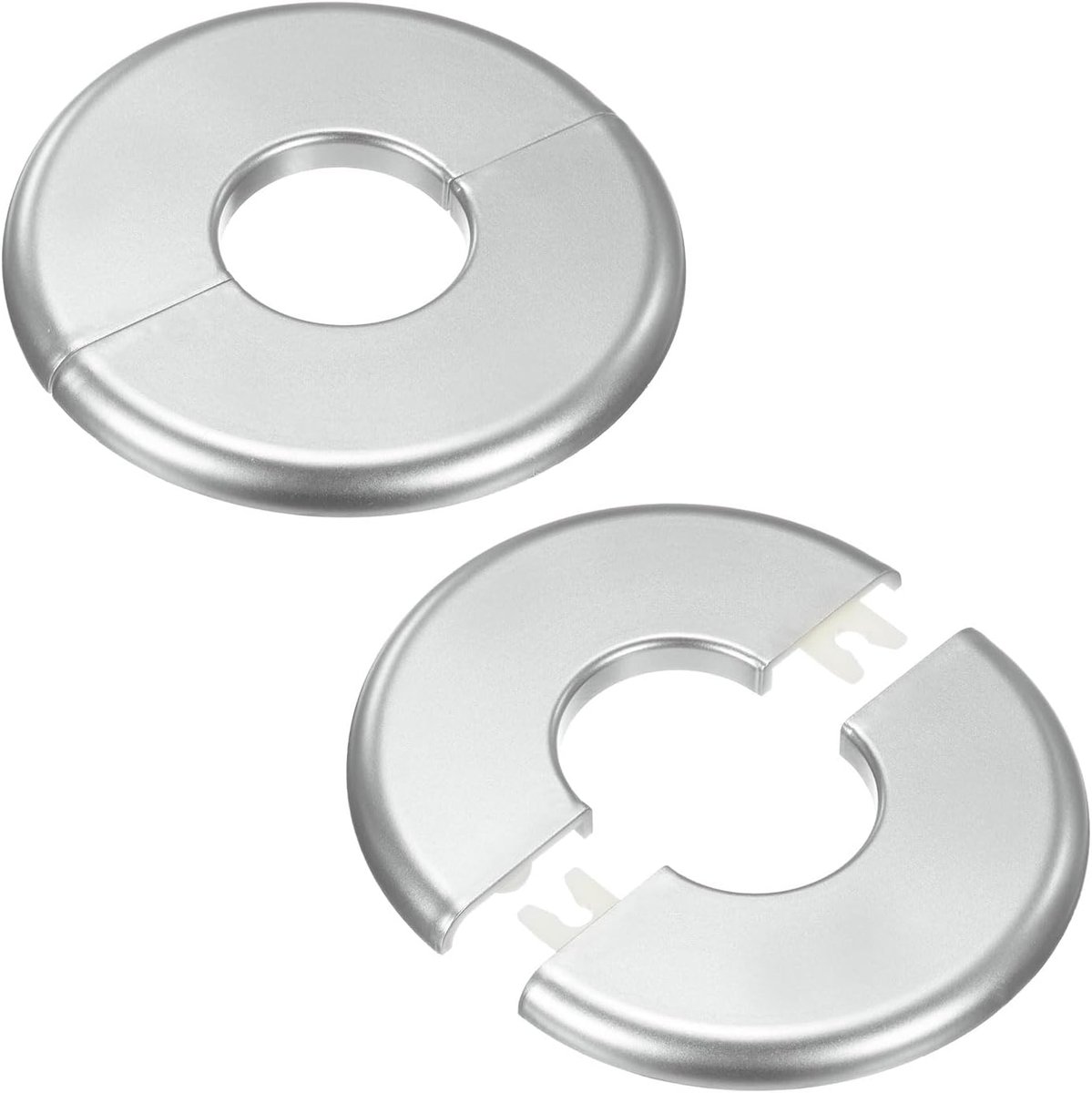 METERXITY Set van 2 gesplitste muurflens, voor 32 mm OD-buis ABS rozet plaat ronde zelfklevende loodgietersafdekplaten voor waterpijp/kraan [zilverkleur]