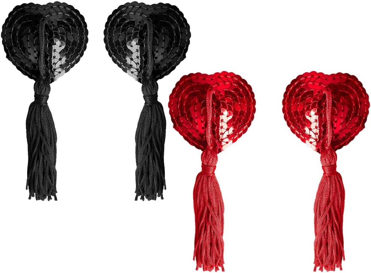 plakbeha, tepelafdekking, hartvormige tepelstickers met kwast, voor tepels, zelfklevend, 2 paar, Zwart, rood, 5cm