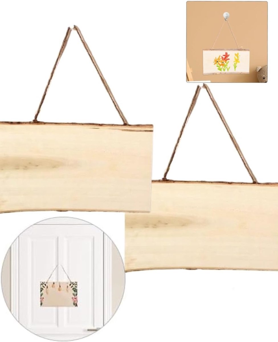 2 stuks hout voor brandschilderen, houten bord om op te hangen, onafgewerkte blanco houten bordje, deurbordje met gravure, rechthoekig, hangend houten bord met jute touw, hangend decoratief
