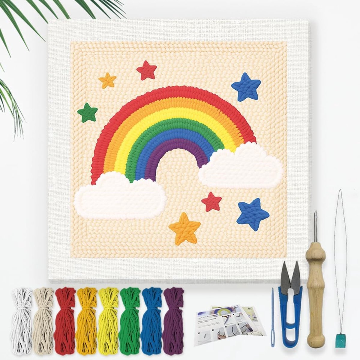 Cartoon Rainbow DIY ponsnaald borduurset voor volwassen beginners, 24 cm ponssteken knutselset voor starter met frame, stofpatroon, threader, garen, ponsnaald