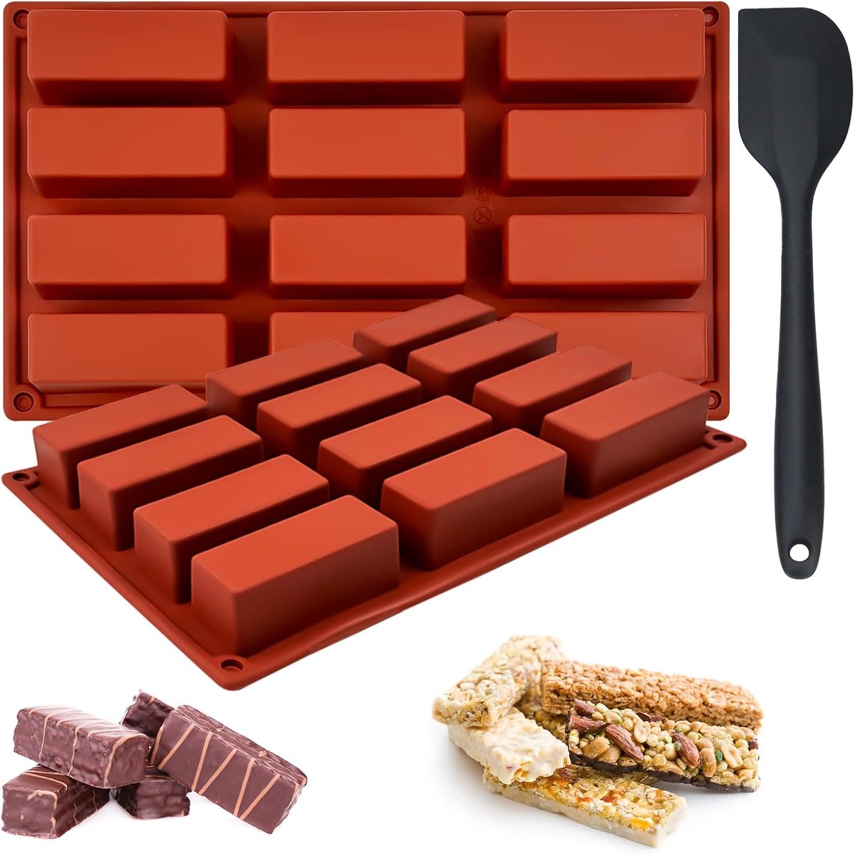 2 stuks mueslirepen, bakvorm, siliconen bakvorm, repen met 12 openingen, anti-aanbaklaag, voor chocolade, truffel, broodbrood, muffin, brownie, ijsblokjes