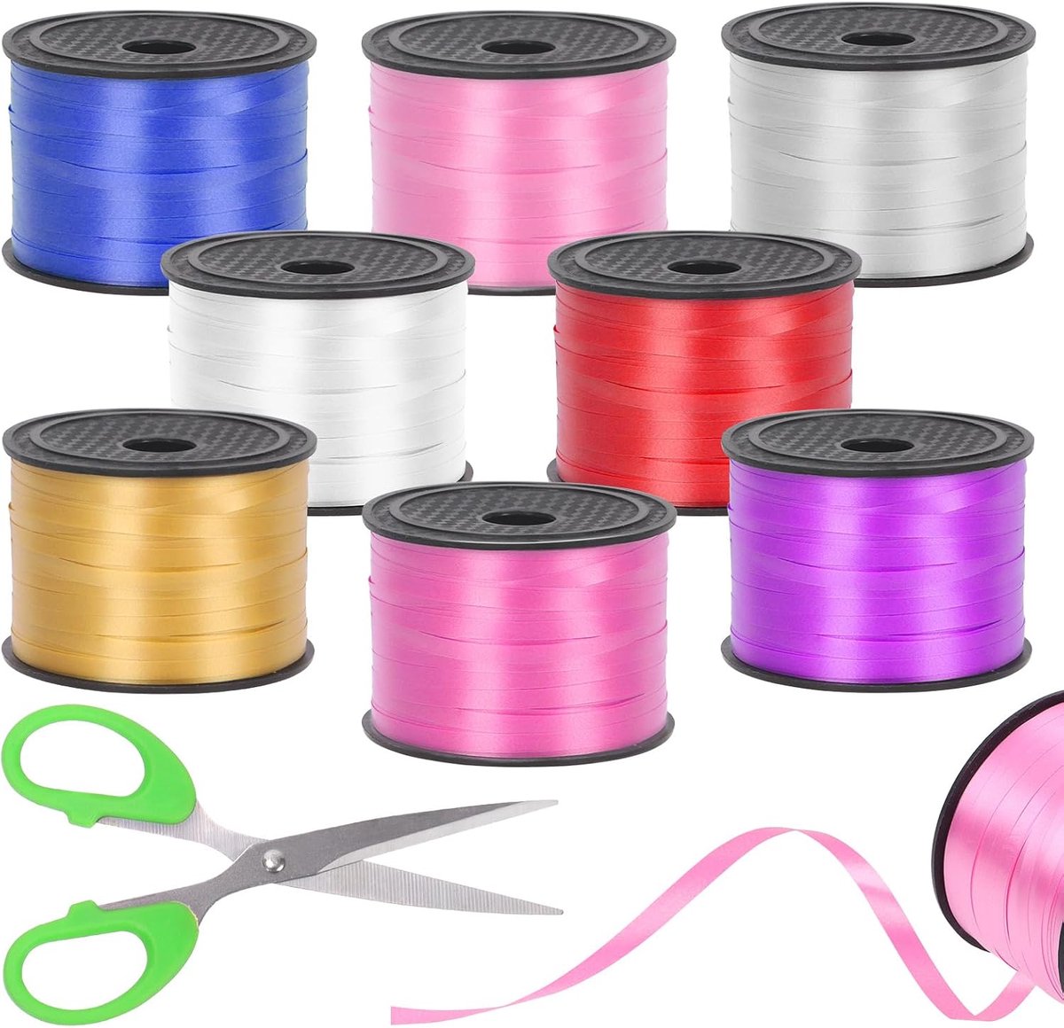 8 stuks krullint kit, 8 kleuren 800 meter lint ballon string rol met schaar voor feestdecoratie geschenkverpakking (matte stijl)