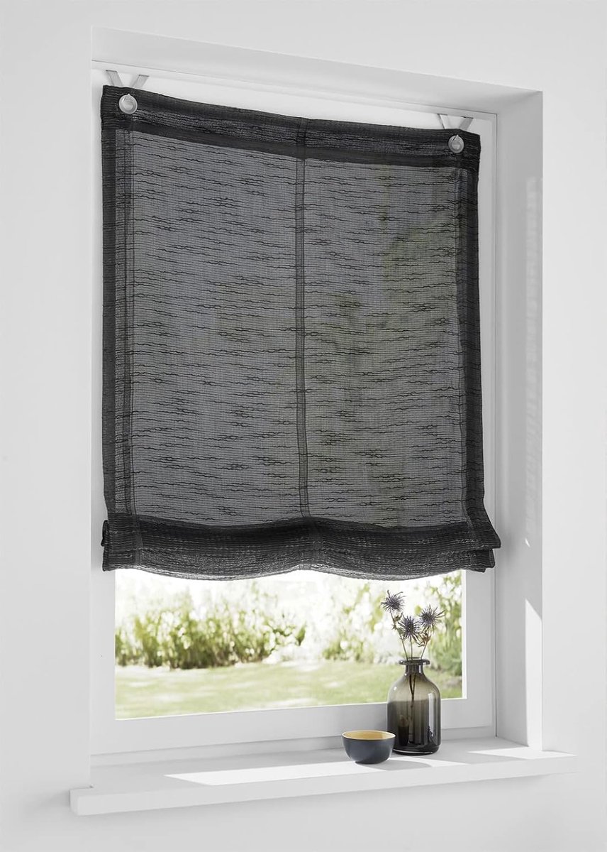 Kutti Roman rolgordijn met ogen Celtic antraciet effen kleur, Uni. linnenoptiek. Montage zonder boren, met vensterhaken (80 x 140 cm)