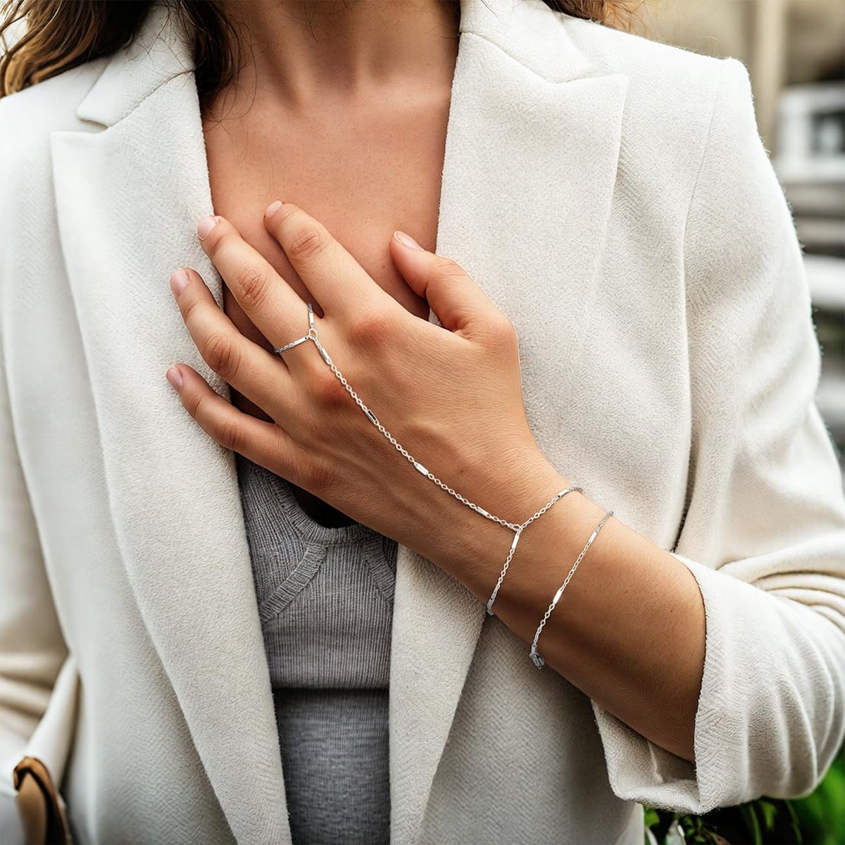 Silver Ring Hand Chain Bracelet for Women, Dainty Stackable Link Chain Bracelets, Adjustable Hypoallergenic Trendy Jewelry Gift