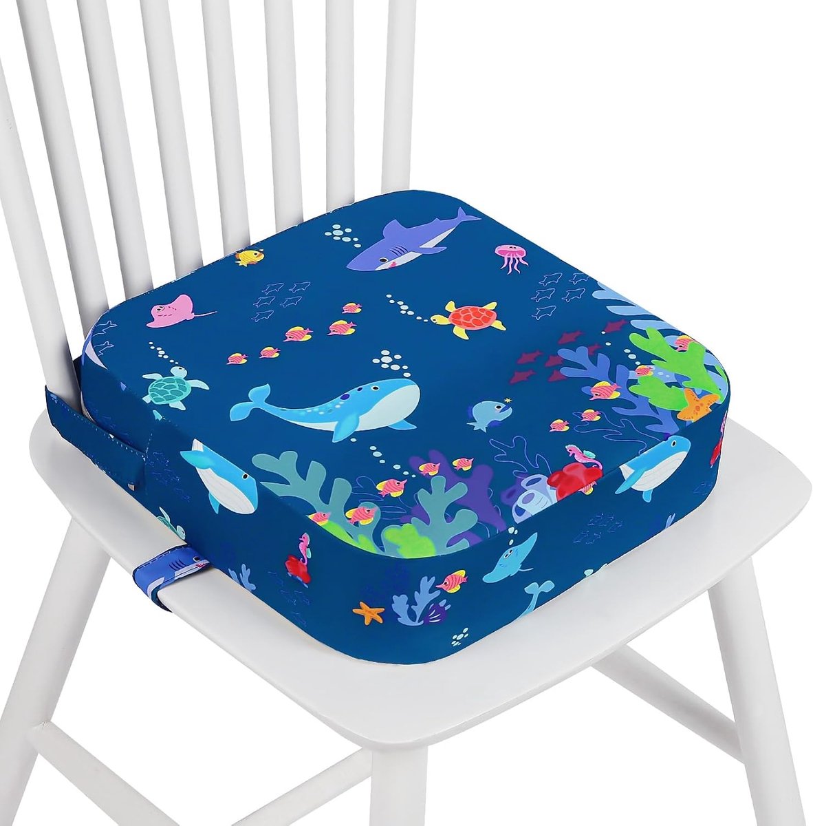 Stoelverhoging voor kinderen, flexibele zitverhoging voor kinderen, met 2 veiligheidsgespen, antislip en anti-slip bodem voor thuis en onderweg, 32 x 32 x 10 cm (zeedieren)