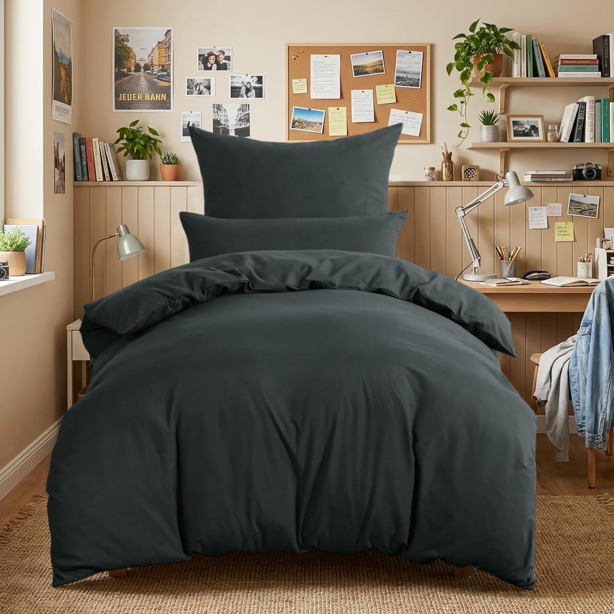 Beddengoed 140 x 200 cm - Grijs Antraciet Microvezel - Oeko-Tex Dekbedovertrek + Kussensloop - SnelShoppen
