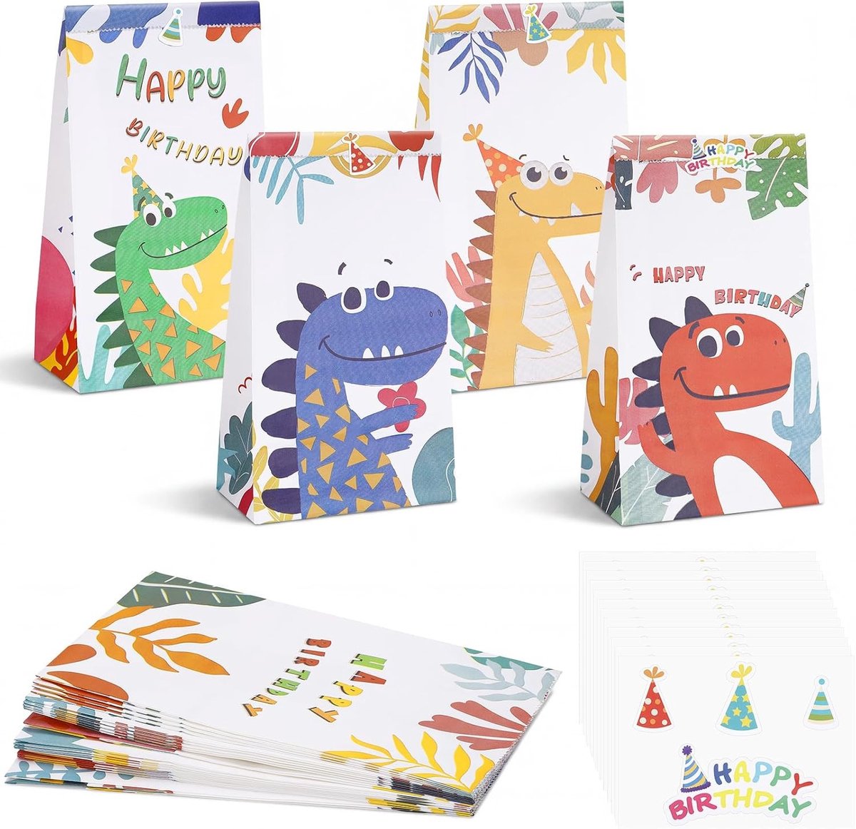 48 Dinosaurus Feestzakjes met Stickers - Mini Cadeauzakjes van Papier voor Verjaardagsfeestjes en Kinderfeestjes met Dinosaurusmotief