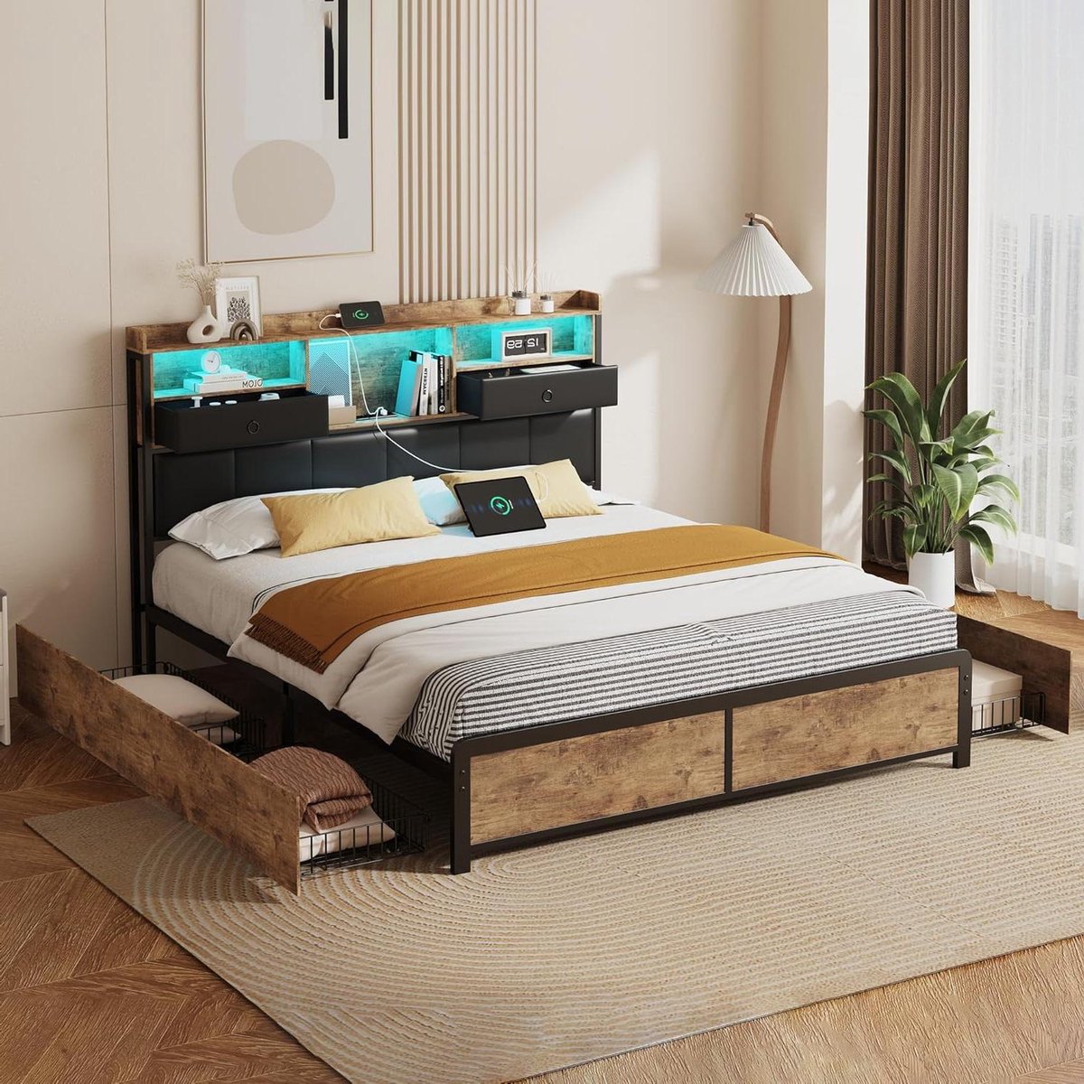 Tweepersoonsbed met Opbergruimte - Bedframe met Laden - Ruimte Besparen - Geïntegreerd Laadstation - 140x200 cm - Zwart