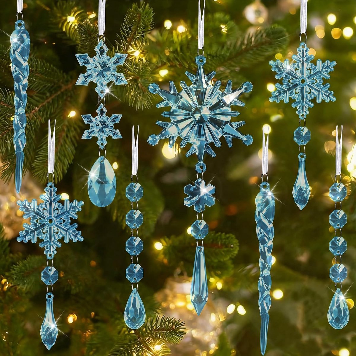 Kiiwah 16 stuks kristallen ornamenten, kerstboomversiering, acryl sneeuwvlok ijspegels druppels,kerstboom hangende - ShopVlot