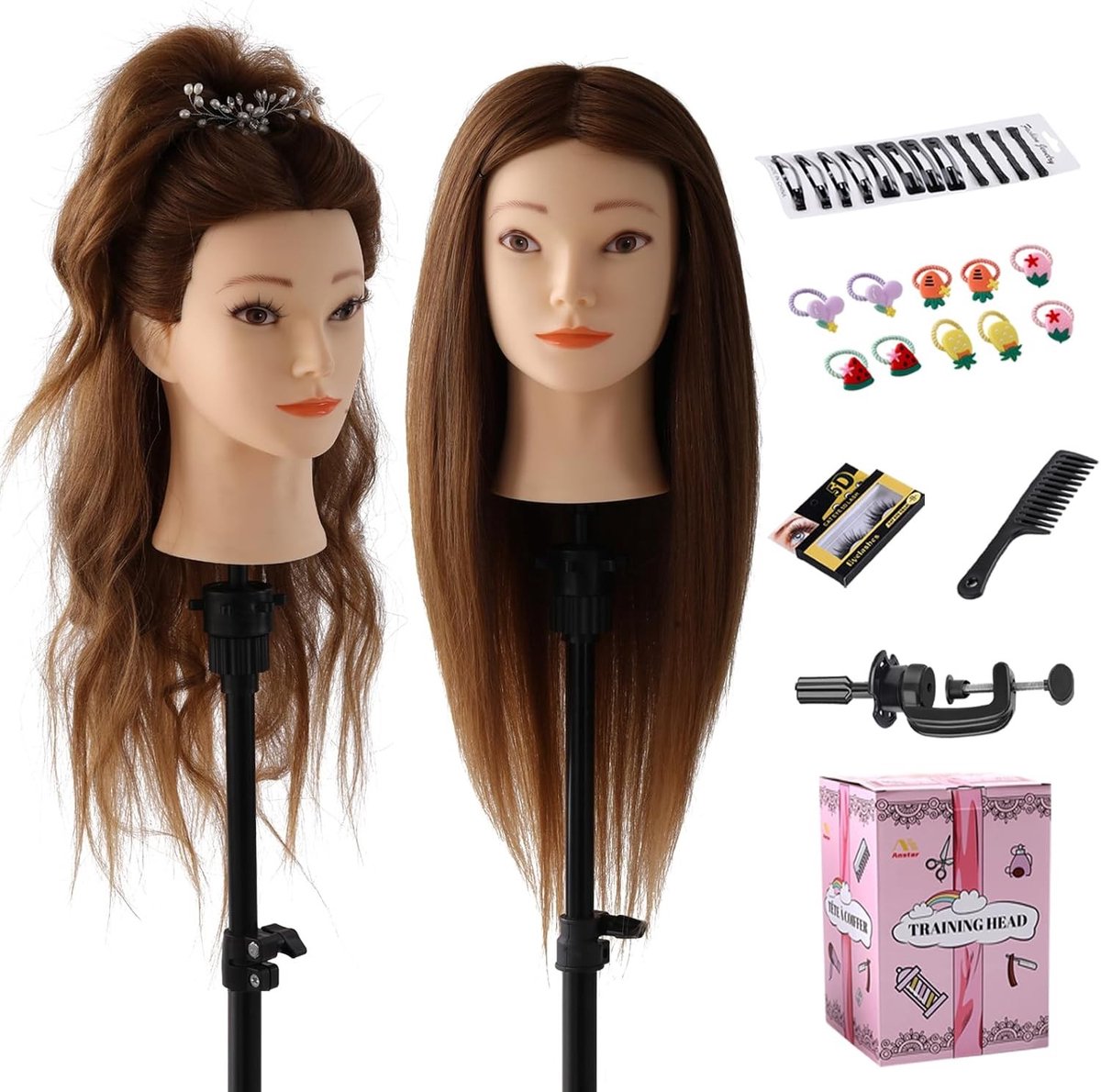 80% Echte Haar Oefenhoofd 24 Inch Haarstyling Trainingshoofd met Houder en DIY Haarset voor Kappersopleiding