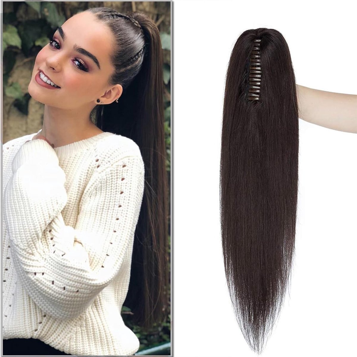 Ponytail Hairpiece met Clip-in Braid, 100% Remy Haar, Stevige en Natuurlijke Zwart 40 cm, 105 g, Perfect voor Volumineuze Haarstijlen