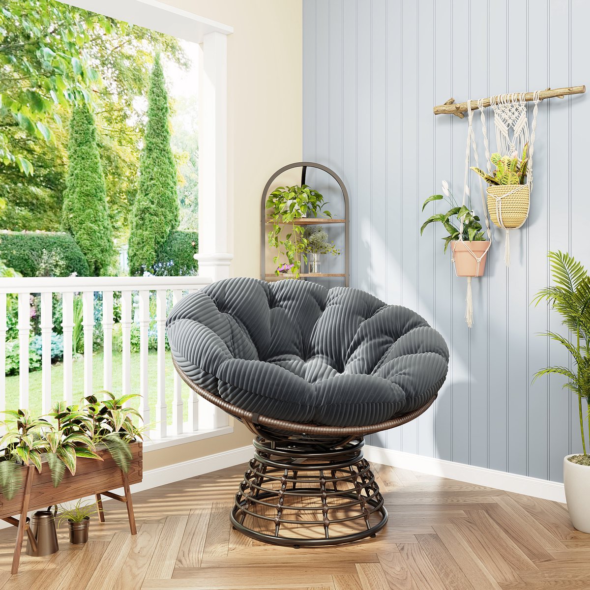 MODENUIT Fauteuil 92 x 67 cm - 360° Draaibaar Met Dik Kussen - Voor Woonkamer En Slaapkamer - Rotan Grijs