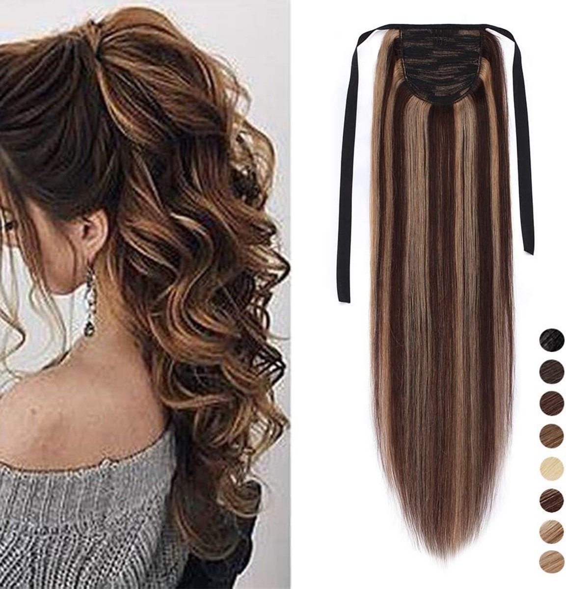 Ponytail Haarstuk met Vlecht, Clip-In Haarverlenging van Echte Remy Haar, Medium Bruin/Honingblond, 45 cm - 90 g, Perfect voor een Volumineuze Look en Gemakkelijke Styling