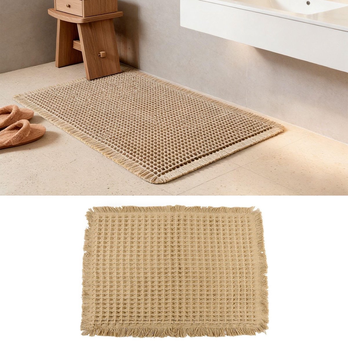 Omgoods- Badkamermat Antislip - Microvezel - 63 x 41 cm - Wafelpatroon - Zacht - Wasbaar - Boho Franjes - Badmat