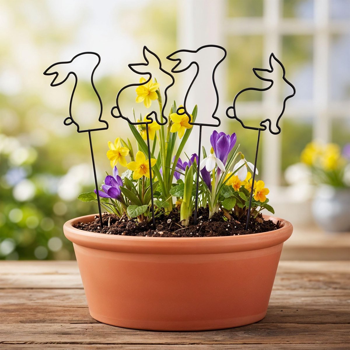 Omgoods - Set van 4 Minimalistische Tuinsteken met Konijn en Bloemen