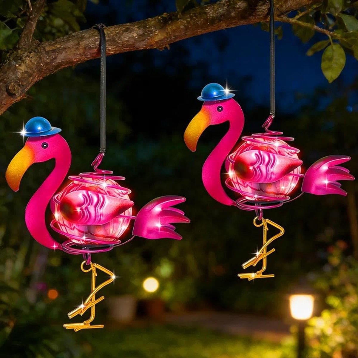 Omgoods - Set van 2 Solar Flamingo Tuinverlichting met Hangfunctie