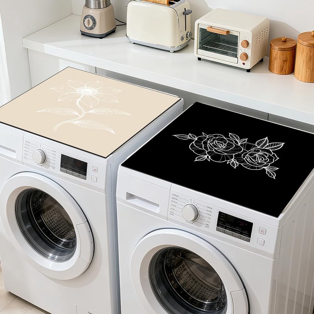 Omgoods - Set van 2 Stuks Witte Bloemen Stofkap voor Wasmachine